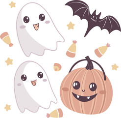 Kawaii Halloween vector illustration with cute pastel ghosts, smiling pumpkins, candy corn, bats, and festive spooky elements in soft colors perfect for seasonal designs and decorations