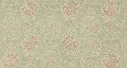 Elegant seamless damask pattern with vintage pink flowers on a soft green background