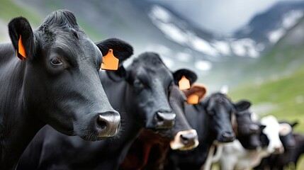 Cows grazing in a verdant meadow surrounded by mountains during a serene afternoon in a rural landscape