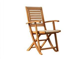 Light brown wooden folding chair, isolated on white.  Features slatted back, armrests, and folding legs.  Simple design