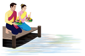 A newlywed couple is floating krathongs on the riverbank.vector design