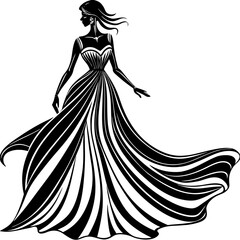 Elegant woman in a flowing gown, minimal one-line sketch, black and white fashion illustration