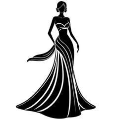Elegant woman in a flowing gown, minimal one-line sketch, black and white fashion illustration