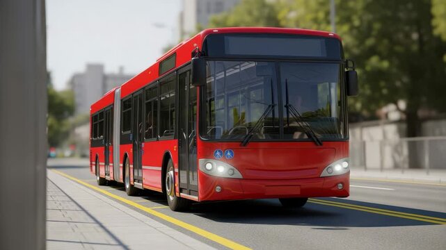 A modern red articulated bus drives along a city street with yellow lane markings, showcasing urban public transportation