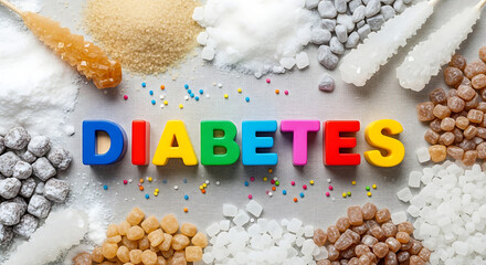 The word DIABETES in colorful letters surrounded by an assortment of various sugars and sweeteners, symbolizing the link between diet and the disease.
