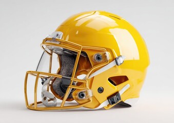 Bright yellow football helmet, side view.  Glossy finish, safety features