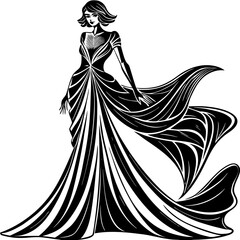 Elegant woman in a flowing gown, minimal one-line sketch, black and white fashion illustration