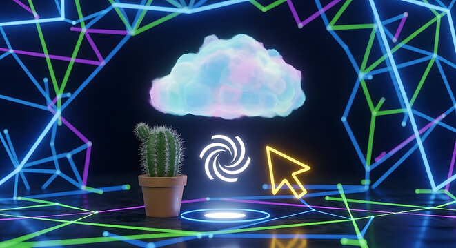 Neon-lit cloud computing scene with cactus, cursor, and swirling data. - Powered by Adobe