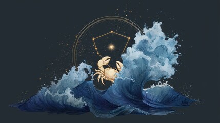 Moody Cancer Zodiac Sign with Crashing Waves and Starlight Effect