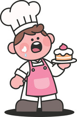 A cartoon boy dressed as a chef with a toque and apron, holding a delicious cake.