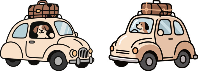 Two versions of a vintage cartoon car with a cute dog passenger and luggage on the roof.
