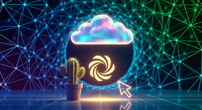 Digital cloud computing concept featuring a cactus, a swirling logo, and a cursor, all set against a network background.