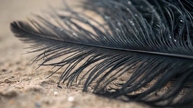 Black ostrich feather lies delicately sandy ground showing fine texture and natural beauty close up with soft natural light creating calm and elegant