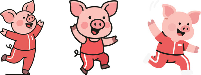 A set of three cute cartoon pig characters running and jumping happily in a red tracksuit. © cheng
