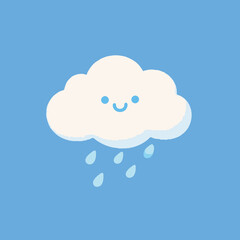 A smiling cartoon cloud with happy eyes and raindrops falling from the sky on a blue background.