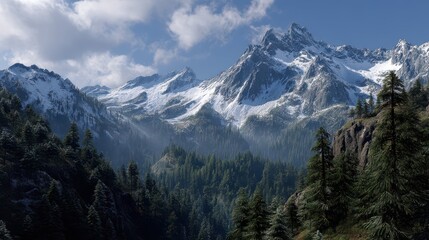 Obraz premium Majestic Snow-Capped Peaks Overlooking Serene Valley Landscape