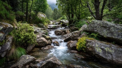 Obraz premium Mountain Stream Flowing Through Rocks and Lush Greenery