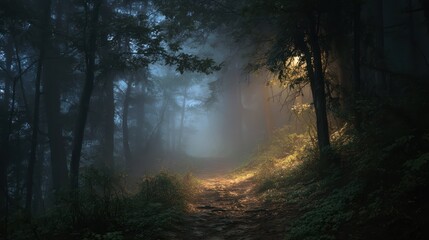 Fototapeta premium Mystical Forest Trail with Glowing Fog in Enchanted Atmosphere