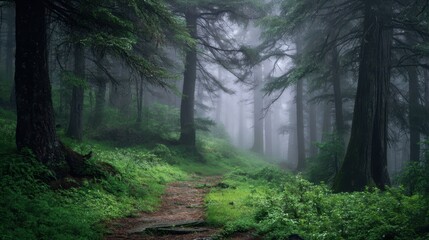 Obraz premium Enchanted Forest Trail Shrouded in Glowing Fog and Mystery