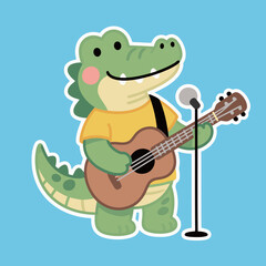 A happy cartoon alligator playing a brown guitar and singing into a microphone.