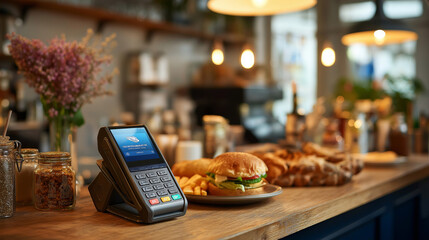 Modern digital payment with phone over contactless terminal in small eatery.