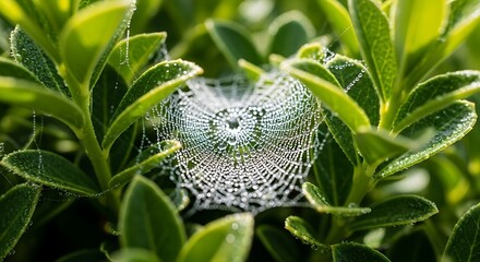 Spider web with morning dew drops in green leaves.