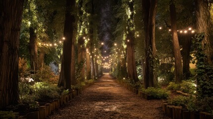 Obraz premium Magical Night Pathway Adorned with Fairy Lights and Trees
