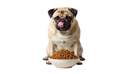 Pug eagerly gazing at large bowl of kibble while licking its lips in anticipation of mealtime
