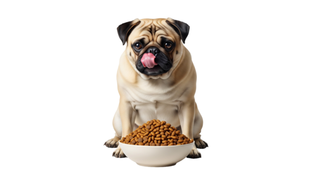 Pug eagerly gazing at large bowl of kibble while licking its lips in anticipation of mealtime