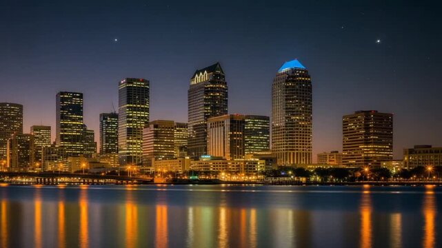 Panoramic Nighttime Skyline of Tampa Florida with Reflected Lights on the Water Under a Dusk Sky