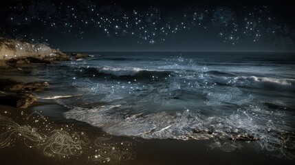 Obraz premium Nighttime Shoreline with Zodiac Cancer and Starry Overlays