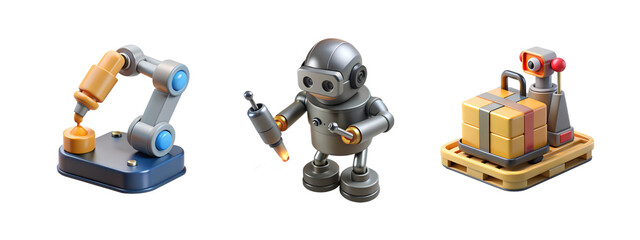 Fototapeta premium Three stylized robots and machinery isolated on transparent background