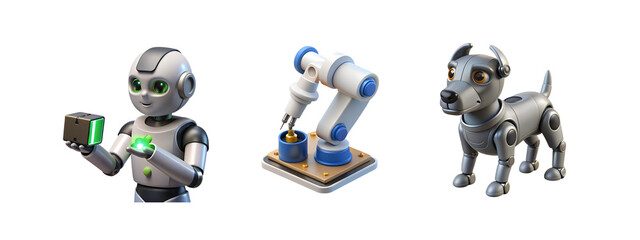 Three different robots including a humanoid robot an industrial robot arm and a robotic dog isolated on transparent background