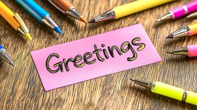 Colorful pens surround a pink note with the word 'Greetings' written in artistic font.