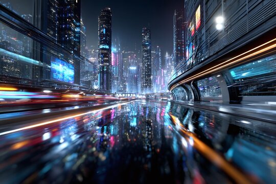 Hyper-realistic cityscape with motion blur light trails on wet street.