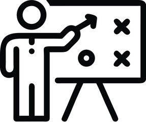 Vector art of business strategy presentation with a person pointing at a whiteboard with a plan and symbols