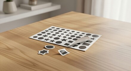 Sheet of Black Geometric Shape Stickers on Wooden Table Surface.