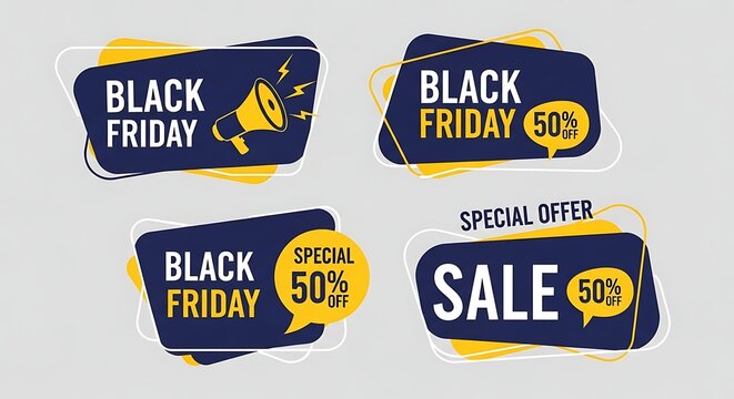 Collection of four black and yellow black friday sale tags with discounts and a megaphone icon - Powered by Adobe