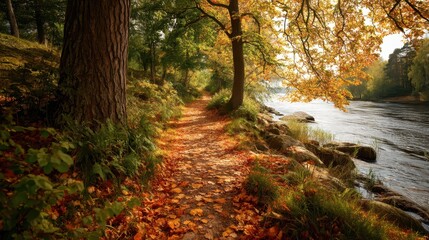 Fototapeta premium Serene Autumn Path by the Riverbank with Colorful Leaves