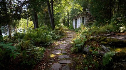 Obraz premium Serene Path Leading to a Secluded Cabin in a Forest Setting