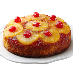 delicious pineapple upside down cake adorned with cherries on top, isolated on transparent background