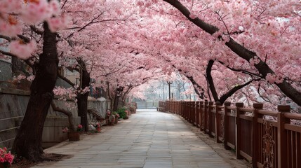 Obraz premium Path Under Cherry Blossom Trees in Full Bloom
