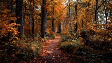 Obraz premium Serene Autumn Path Through Vibrant Woods in Tranquil Nature Scene