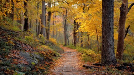 Obraz premium Serene Autumn Pathway Through Colorful Woods, Tranquil Nature Scene