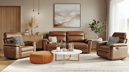 Fototapeta premium Brown leather reclining furniture set in a modern living room.