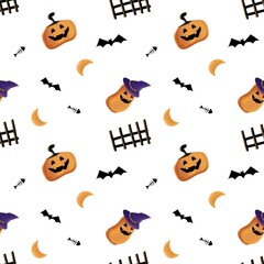 Halloween Seamless Pattern with Pumpkins, Witch Hat, Bats and Moon on White Background