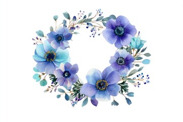 Floral wreath with light blue and purple anemones