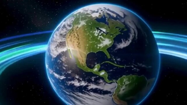 Rotating earth with glowing blue and green aura in space loop animation
