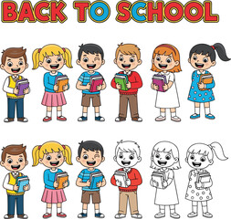 Back to school illustration with kids holding books, cheerful students ready for school, colorful outfits, and excited smiles.
