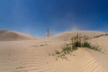 view of the sand dune and Rubjerg Knude lighthouse in Jutland in northern Denmark